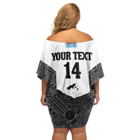 Custom Fiji Tapa Rugby Family Matching Off Shoulder Short Dress and Hawaiian Shirt Flying Fijian Black And White Version