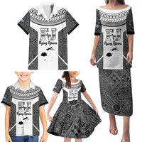 Custom Fiji Tapa Rugby Family Matching Puletasi and Hawaiian Shirt Flying Fijian Black And White Version