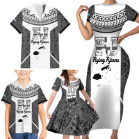 Custom Fiji Tapa Rugby Family Matching Short Sleeve Bodycon Dress and Hawaiian Shirt Flying Fijian Black And White Version