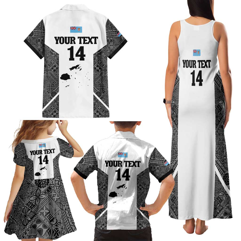 Custom Fiji Tapa Rugby Family Matching Tank Maxi Dress and Hawaiian Shirt Flying Fijian Black And White Version