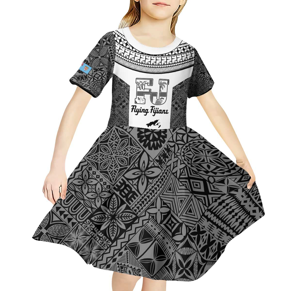 Custom Fiji Tapa Rugby Kid Short Sleeve Dress Flying Fijian Black And White Version