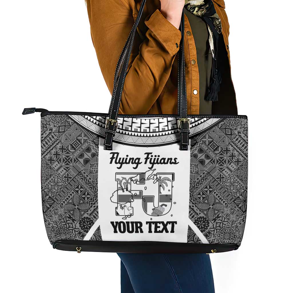 Custom Fiji Tapa Rugby Leather Tote Bag Flying Fijian Black And White Version