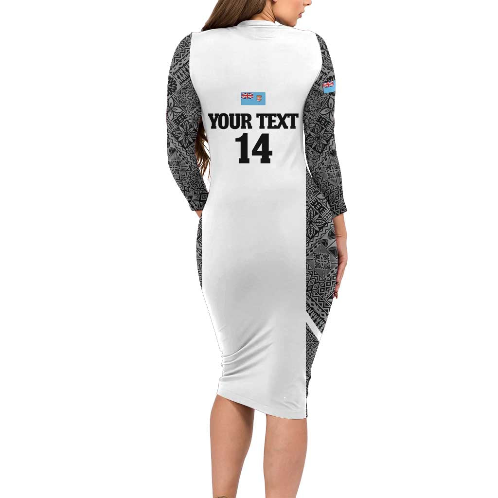 Custom Fiji Tapa Rugby Long Sleeve Bodycon Dress Flying Fijian Black And White Version - Polynesian Pride Custom Fiji Tapa Rugby Long Sleeve Bodycon Dress Flying Fijian Black And White Version - Polynesian Pride