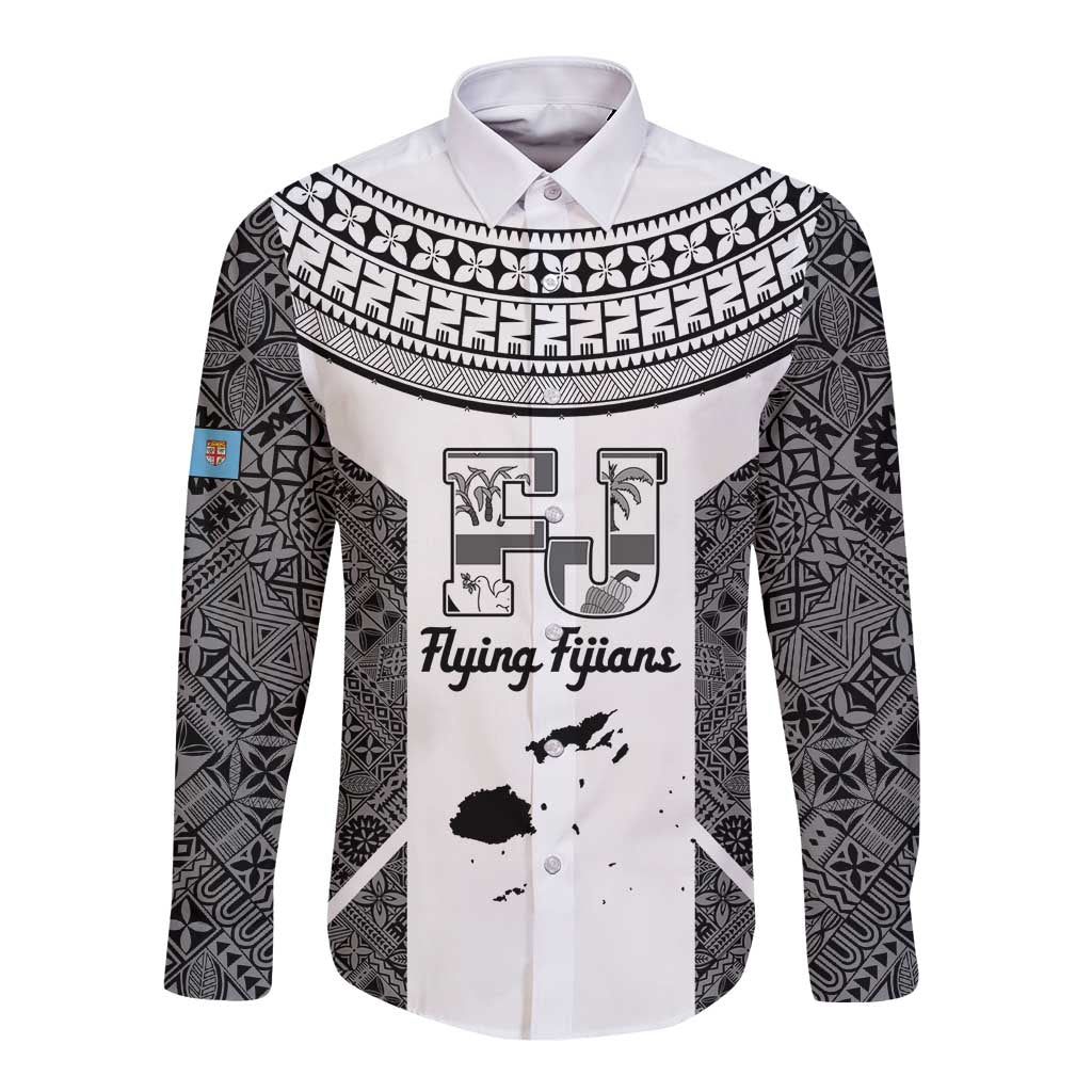 Custom Fiji Tapa Rugby Long Sleeve Button Shirt Flying Fijian Black And White Version
