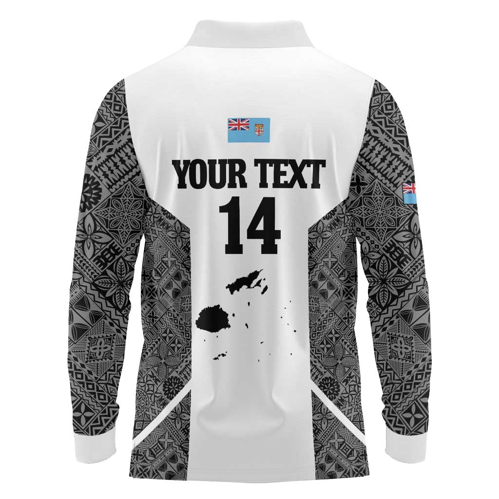 Custom Fiji Tapa Rugby Long Sleeve Polo Shirt Flying Fijian Black And White Version