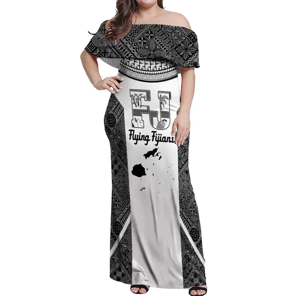 Custom Fiji Tapa Rugby Off Shoulder Maxi Dress Flying Fijian Black And White Version