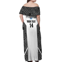 Custom Fiji Tapa Rugby Off Shoulder Maxi Dress Flying Fijian Black And White Version