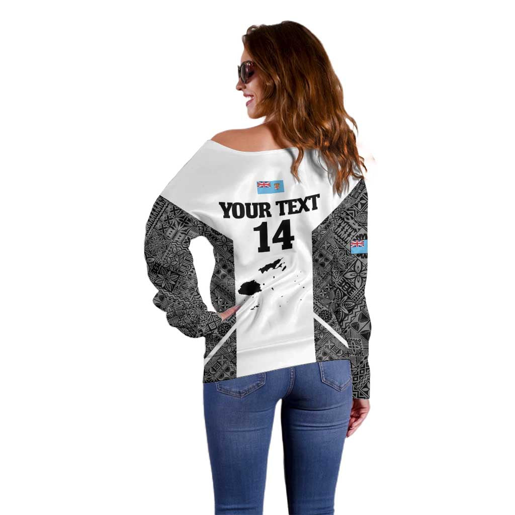 Custom Fiji Tapa Rugby Off Shoulder Sweater Flying Fijian Black And White Version