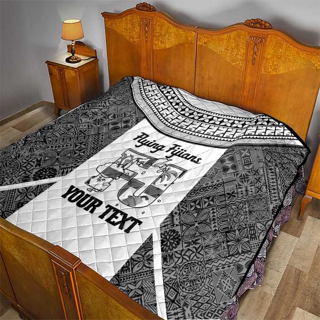 Custom Fiji Tapa Rugby Quilt Flying Fijian Black And White Version