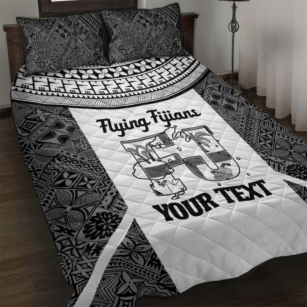 Custom Fiji Tapa Rugby Quilt Bed Set Flying Fijian Black And White Version