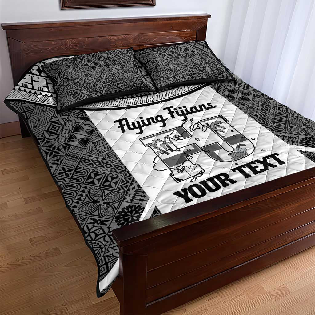 Custom Fiji Tapa Rugby Quilt Bed Set Flying Fijian Black And White Version