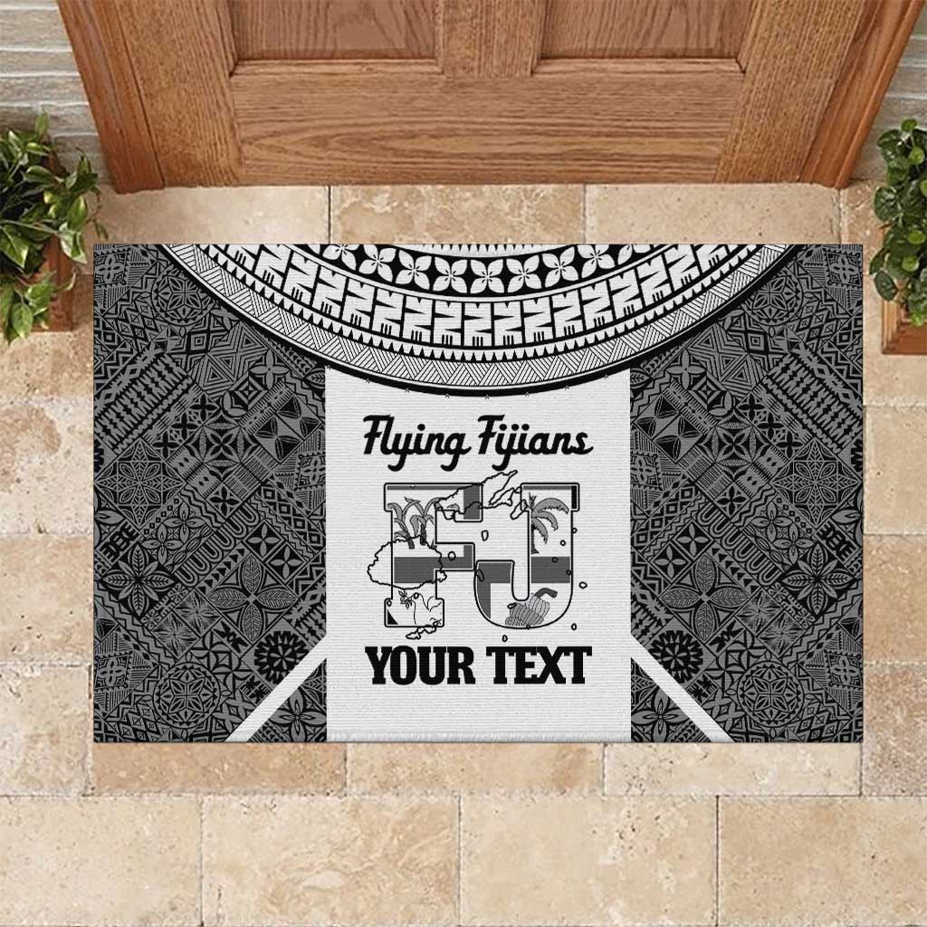 Custom Fiji Tapa Rugby Rubber Doormat Flying Fijian Black And White Version