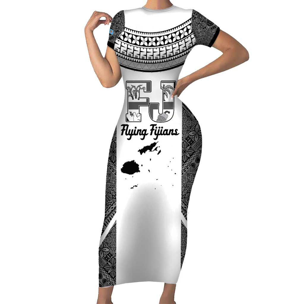 Custom Fiji Tapa Rugby Short Sleeve Bodycon Dress Flying Fijian Black And White Version