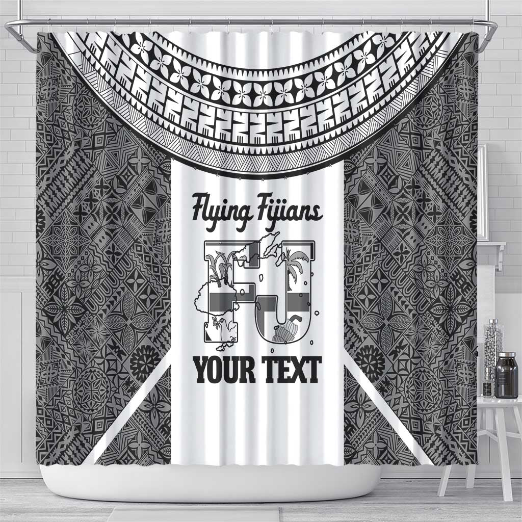 Custom Fiji Tapa Rugby Shower Curtain Flying Fijian Black And White Version