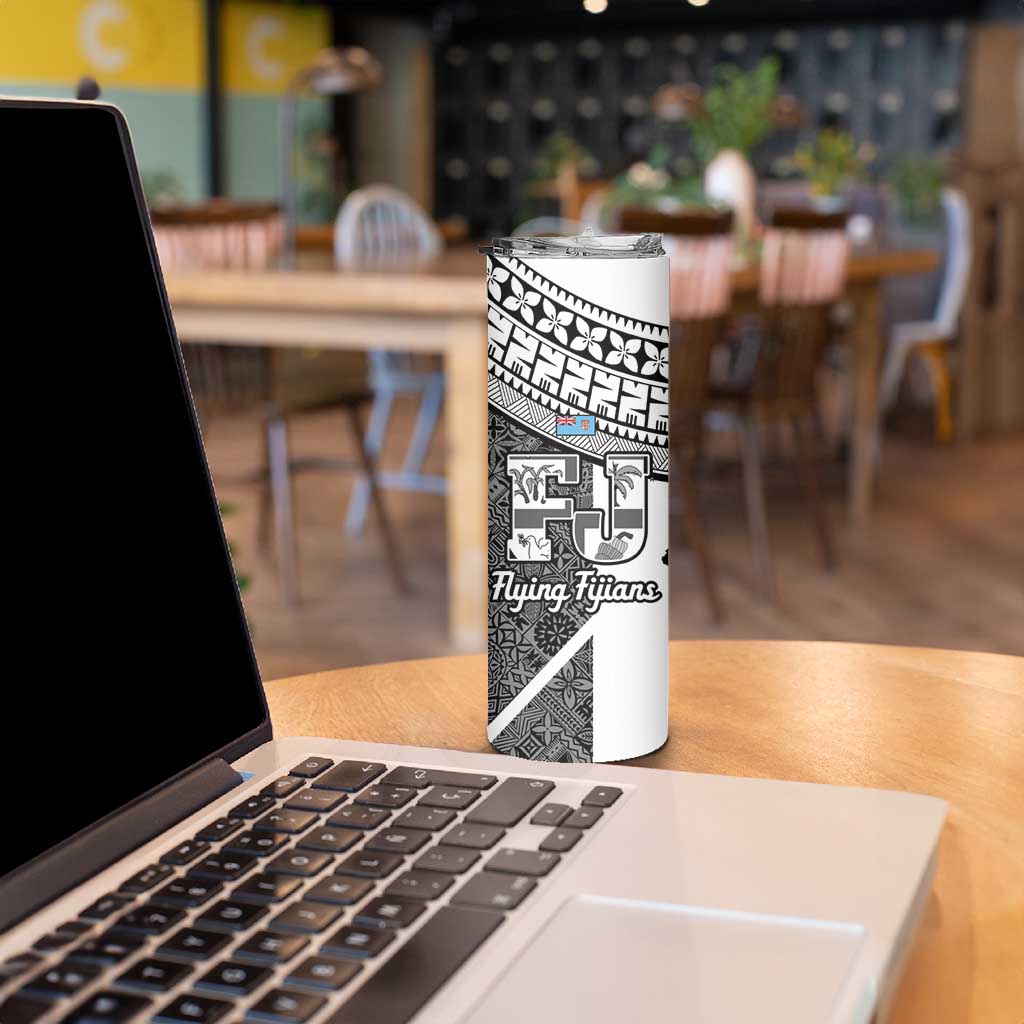 Custom Fiji Tapa Rugby Skinny Tumbler Flying Fijian Black And White Version