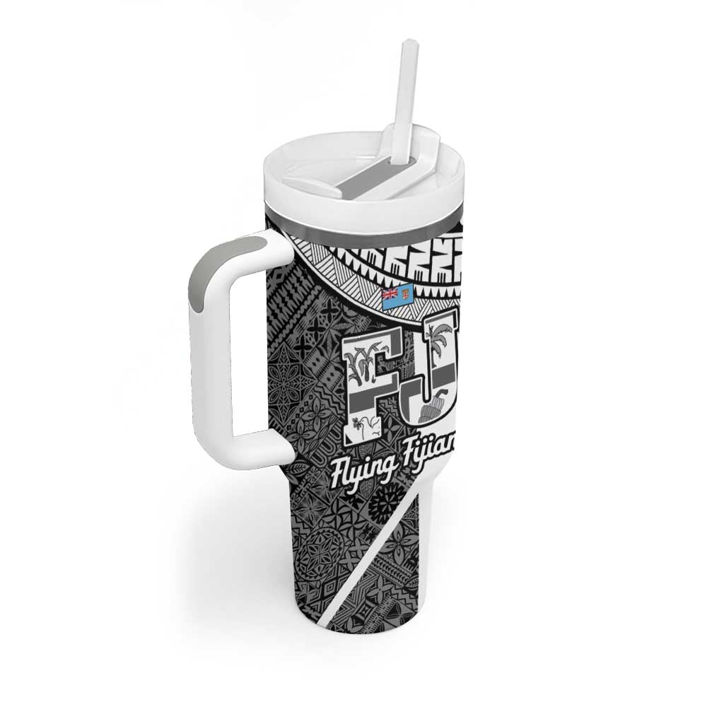 Custom Fiji Tapa Rugby Tumbler With Handle Flying Fijian Black And White Version