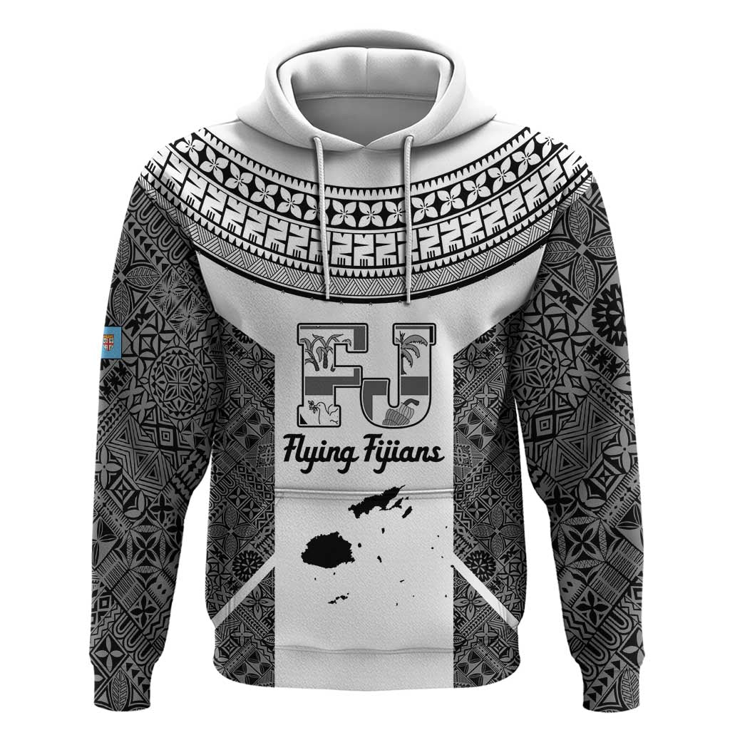 Custom Fiji Tapa Rugby Zip Hoodie Flying Fijian Black And White Version