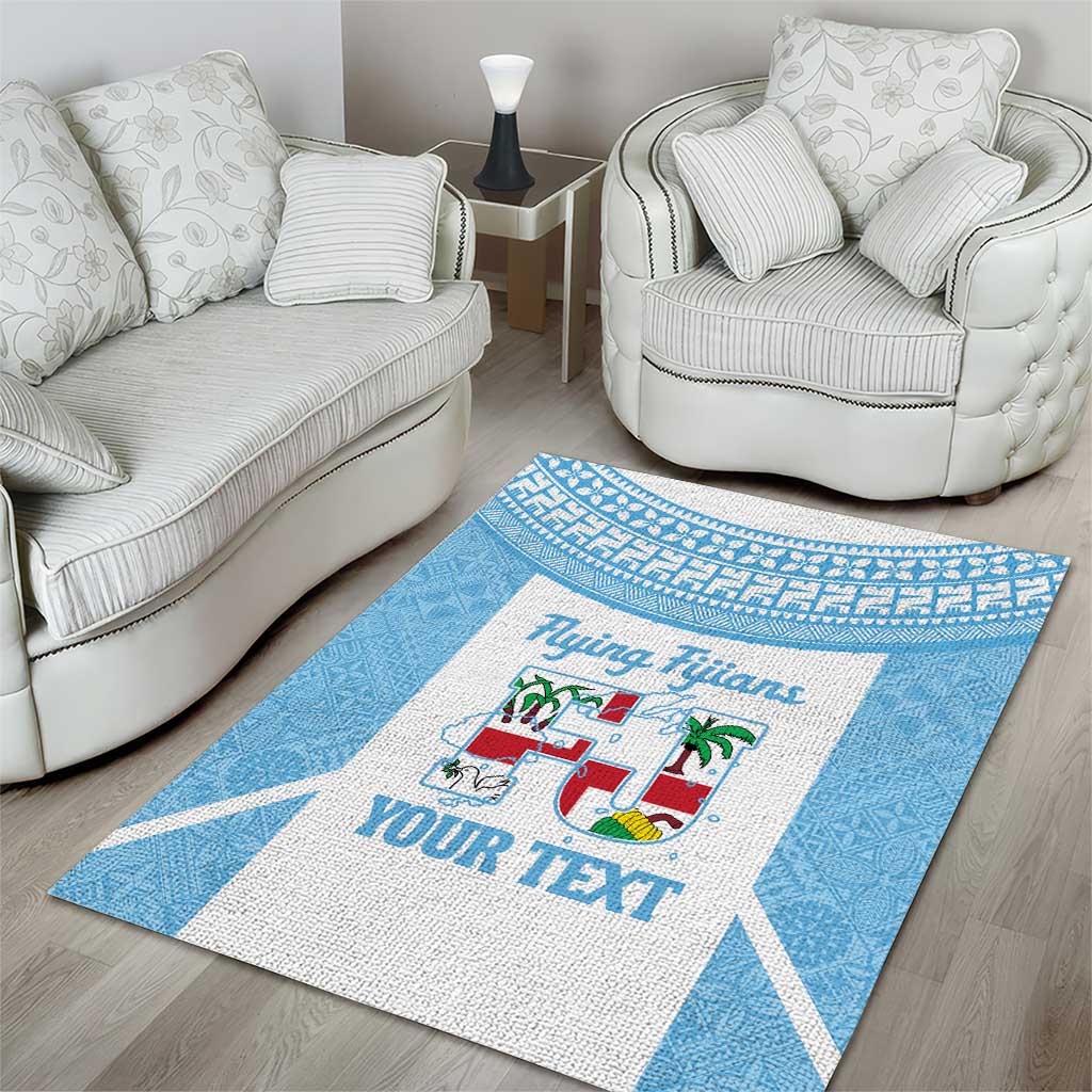 Custom Fiji Tapa Rugby Area Rug Flying Fijian Blue And White Version