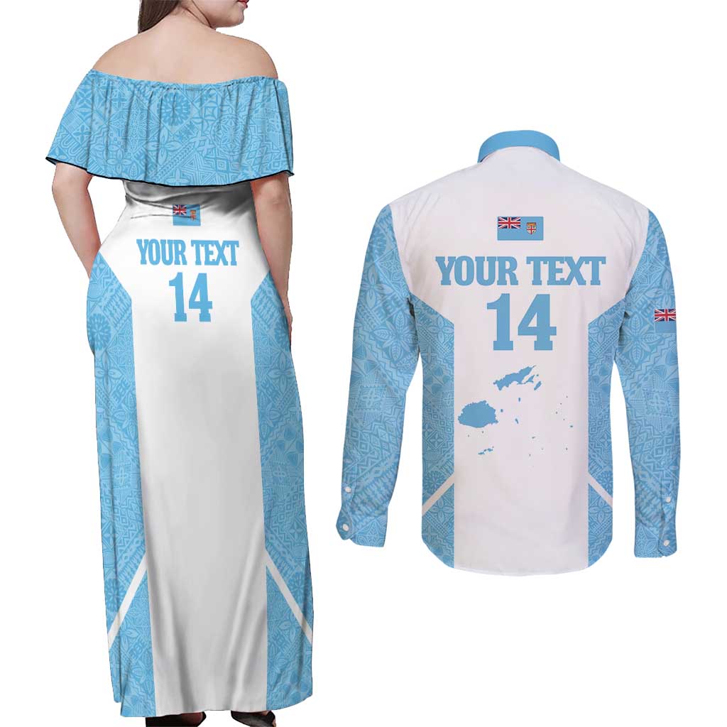 Custom Fiji Tapa Rugby Couples Matching Off Shoulder Maxi Dress and Long Sleeve Button Shirt Flying Fijian Blue And White Version