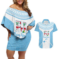 Custom Fiji Tapa Rugby Couples Matching Off Shoulder Short Dress and Hawaiian Shirt Flying Fijian Blue And White Version