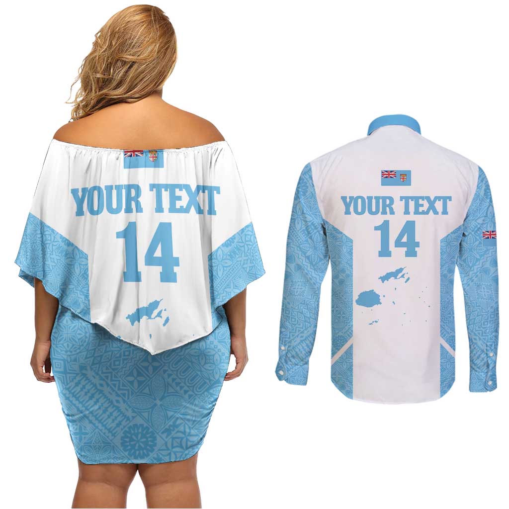 Custom Fiji Tapa Rugby Couples Matching Off Shoulder Short Dress and Long Sleeve Button Shirt Flying Fijian Blue And White Version