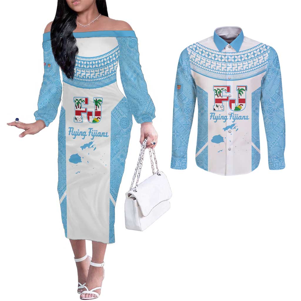 Custom Fiji Tapa Rugby Couples Matching Off The Shoulder Long Sleeve Dress and Long Sleeve Button Shirt Flying Fijian Blue And White Version