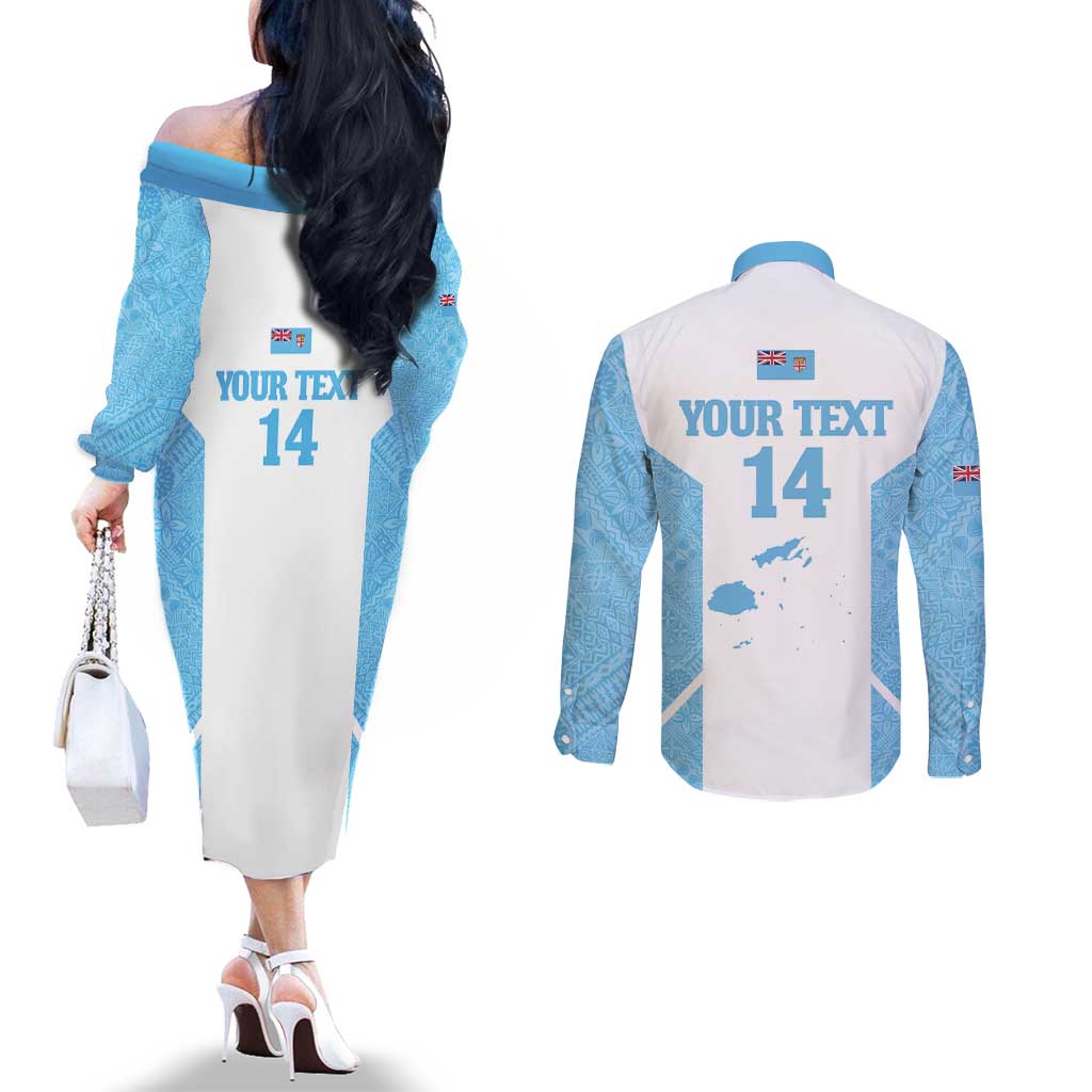 Custom Fiji Tapa Rugby Couples Matching Off The Shoulder Long Sleeve Dress and Long Sleeve Button Shirt Flying Fijian Blue And White Version