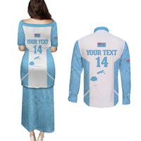 Custom Fiji Tapa Rugby Couples Matching Puletasi and Long Sleeve Button Shirt Flying Fijian Blue And White Version