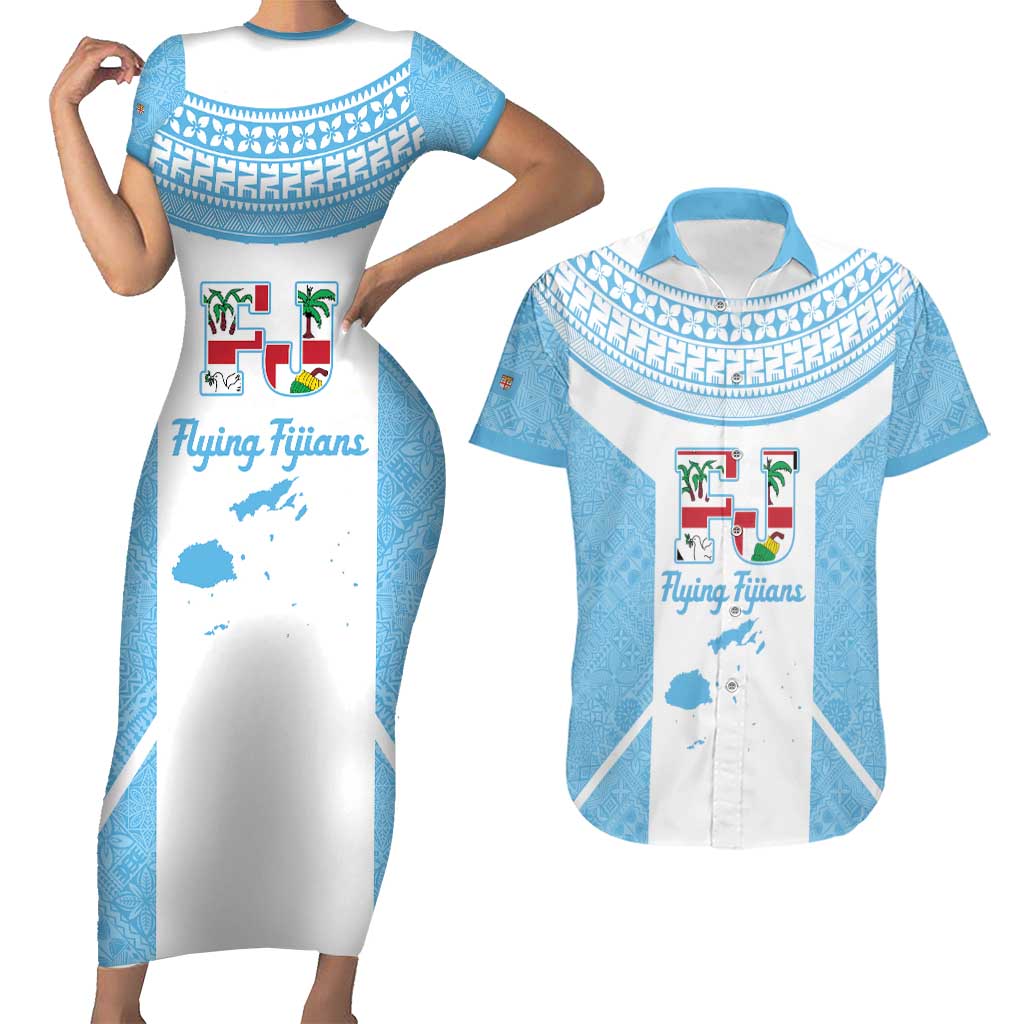 Custom Fiji Tapa Rugby Couples Matching Short Sleeve Bodycon Dress and Hawaiian Shirt Flying Fijian Blue And White Version