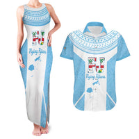 Custom Fiji Tapa Rugby Couples Matching Tank Maxi Dress and Hawaiian Shirt Flying Fijian Blue And White Version