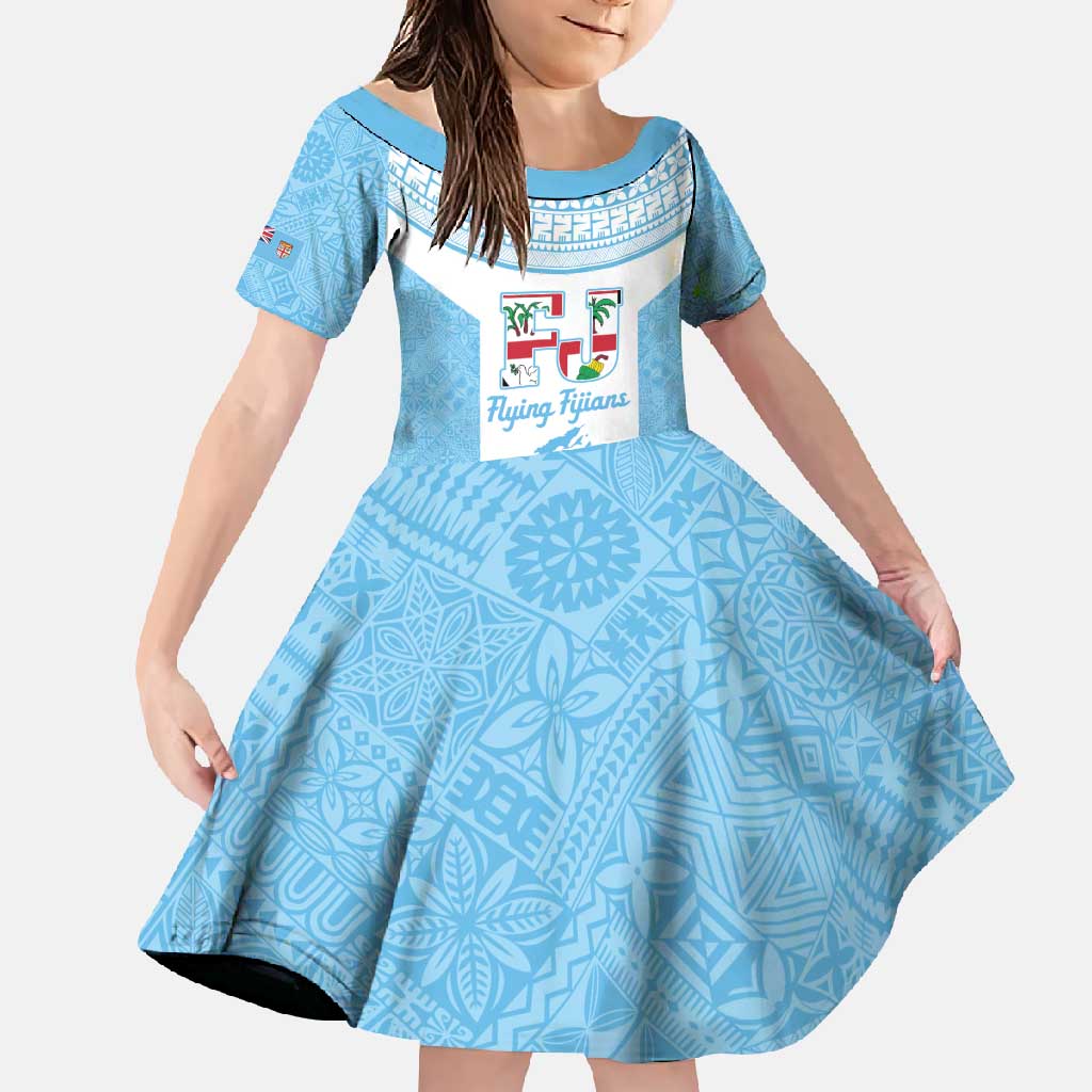 Custom Fiji Tapa Rugby Family Matching Long Sleeve Bodycon Dress and Hawaiian Shirt Flying Fijian Blue And White Version