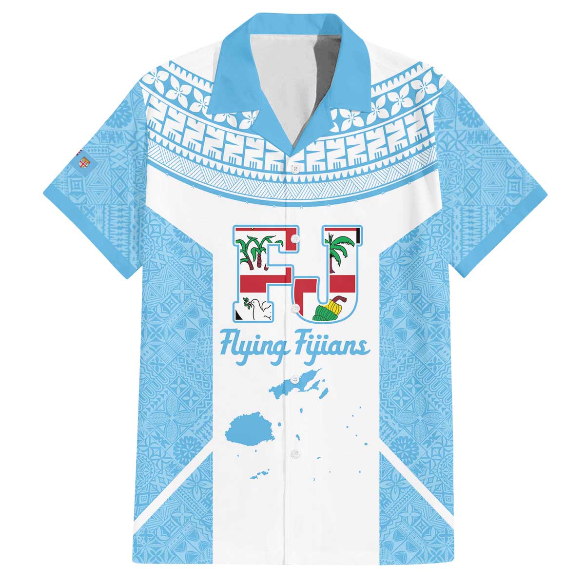 Custom Fiji Tapa Rugby Family Matching Off The Shoulder Long Sleeve Dress and Hawaiian Shirt Flying Fijian Blue And White Version