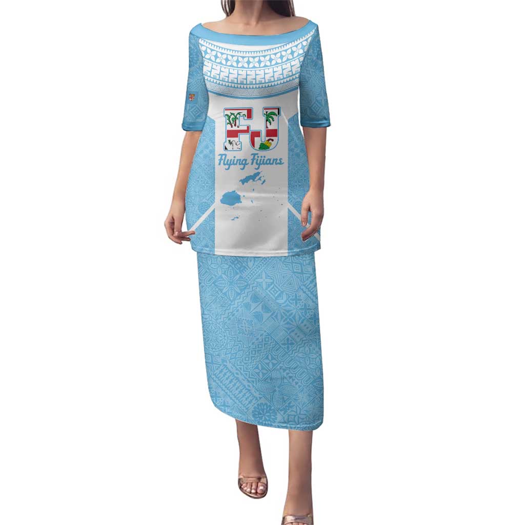 Custom Fiji Tapa Rugby Family Matching Puletasi and Hawaiian Shirt Flying Fijian Blue And White Version