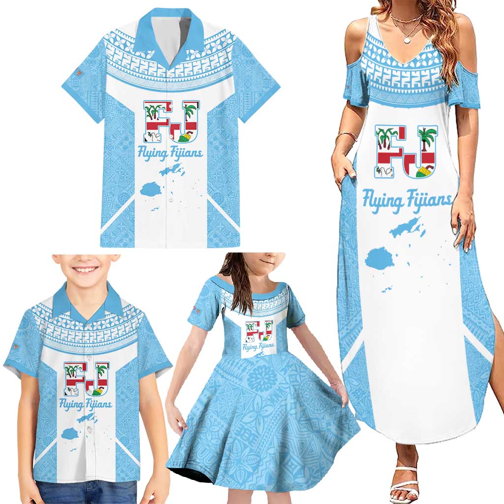 Custom Fiji Tapa Rugby Family Matching Summer Maxi Dress and Hawaiian Shirt Flying Fijian Blue And White Version