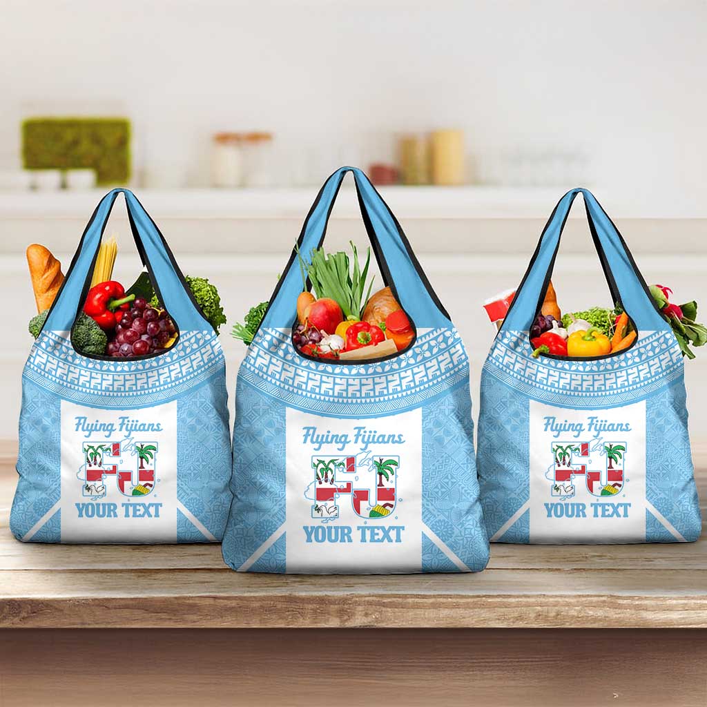 Custom Fiji Tapa Rugby Grocery Bag Flying Fijian Blue And White Version