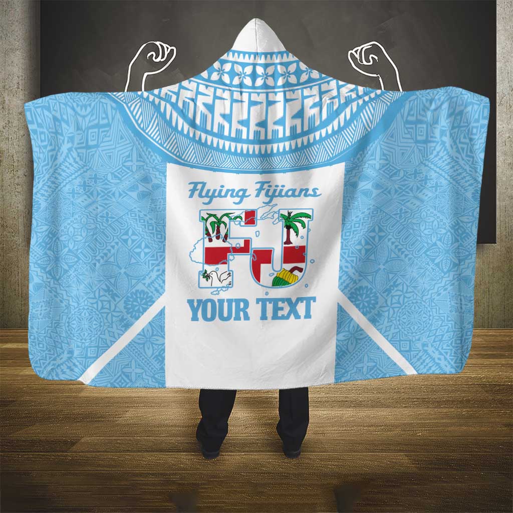 Custom Fiji Tapa Rugby Hooded Blanket Flying Fijian Blue And White Version