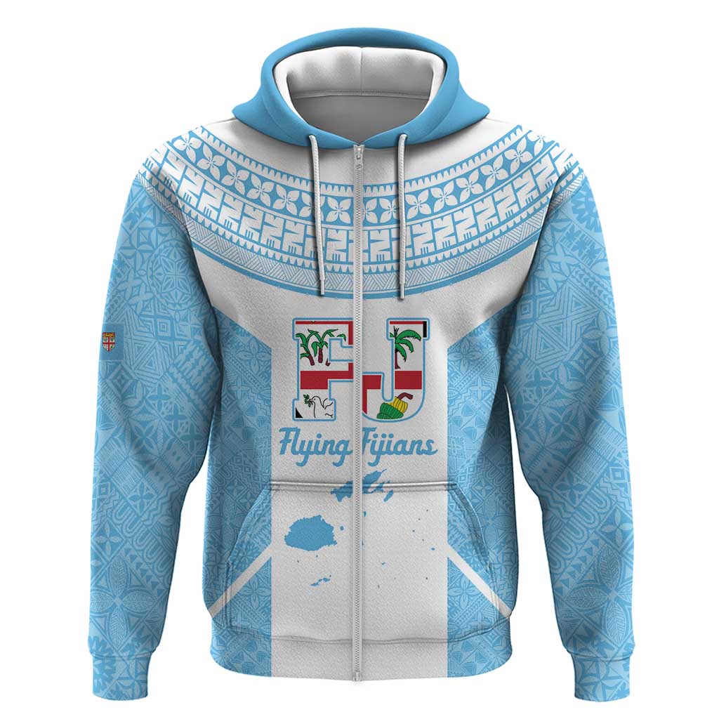 Custom Fiji Tapa Rugby Hoodie Flying Fijian Blue And White Version