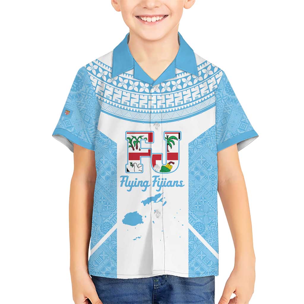 Custom Fiji Tapa Rugby Kid Hawaiian Shirt Flying Fijian Blue And White Version