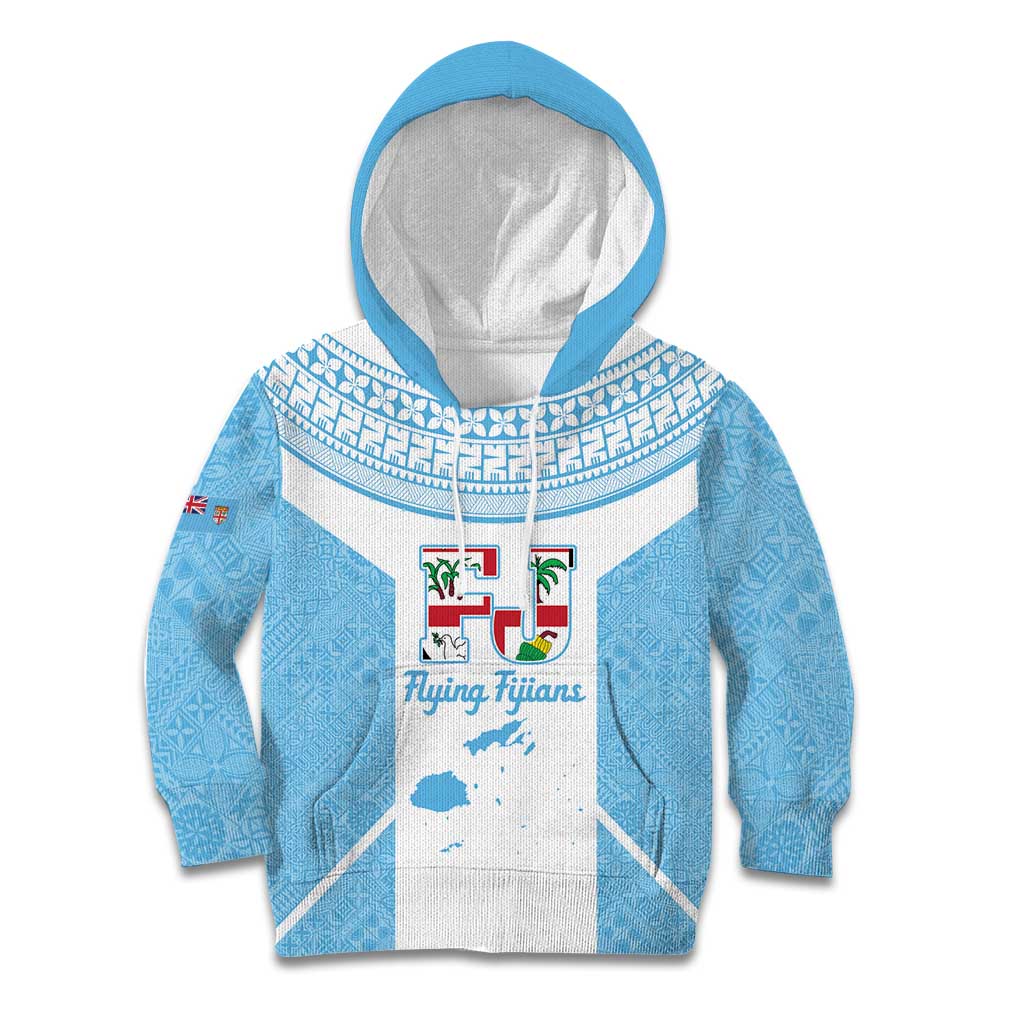 Custom Fiji Tapa Rugby Kid Hoodie Flying Fijian Blue And White Version