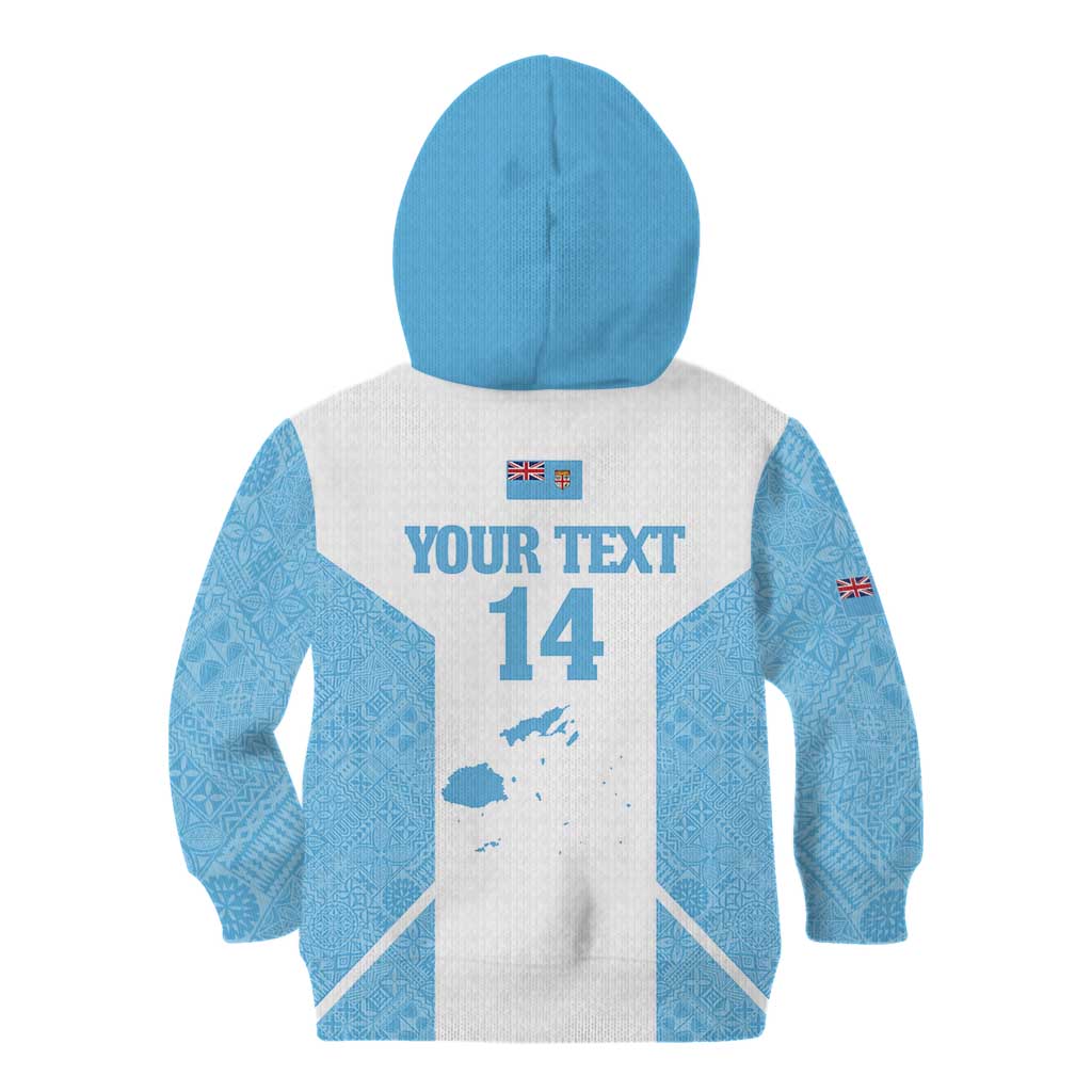 Custom Fiji Tapa Rugby Kid Hoodie Flying Fijian Blue And White Version