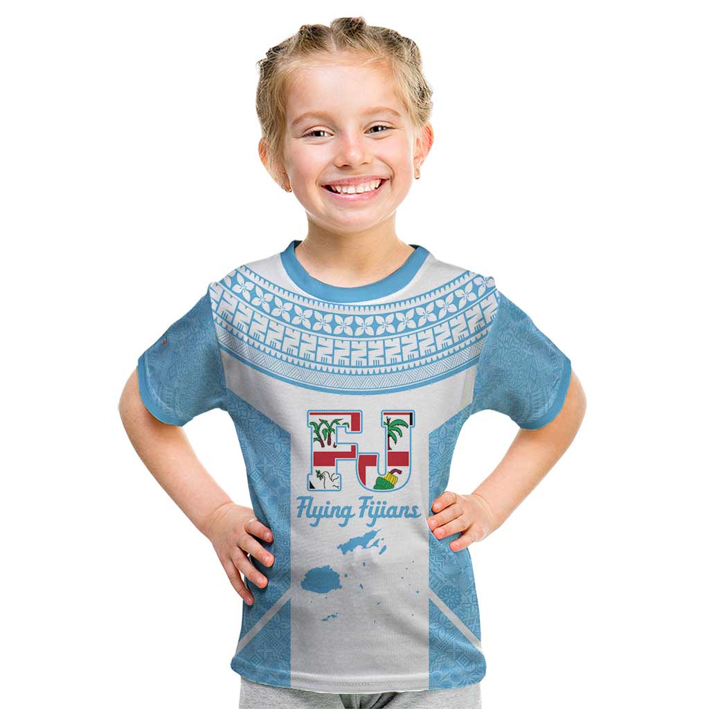 Custom Fiji Tapa Rugby Kid T Shirt Flying Fijian Blue And White Version