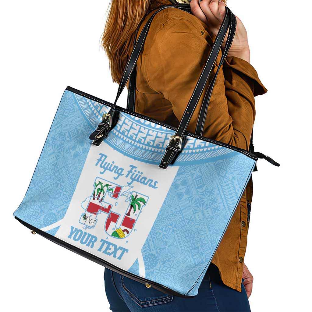 Custom Fiji Tapa Rugby Leather Tote Bag Flying Fijian Blue And White Version