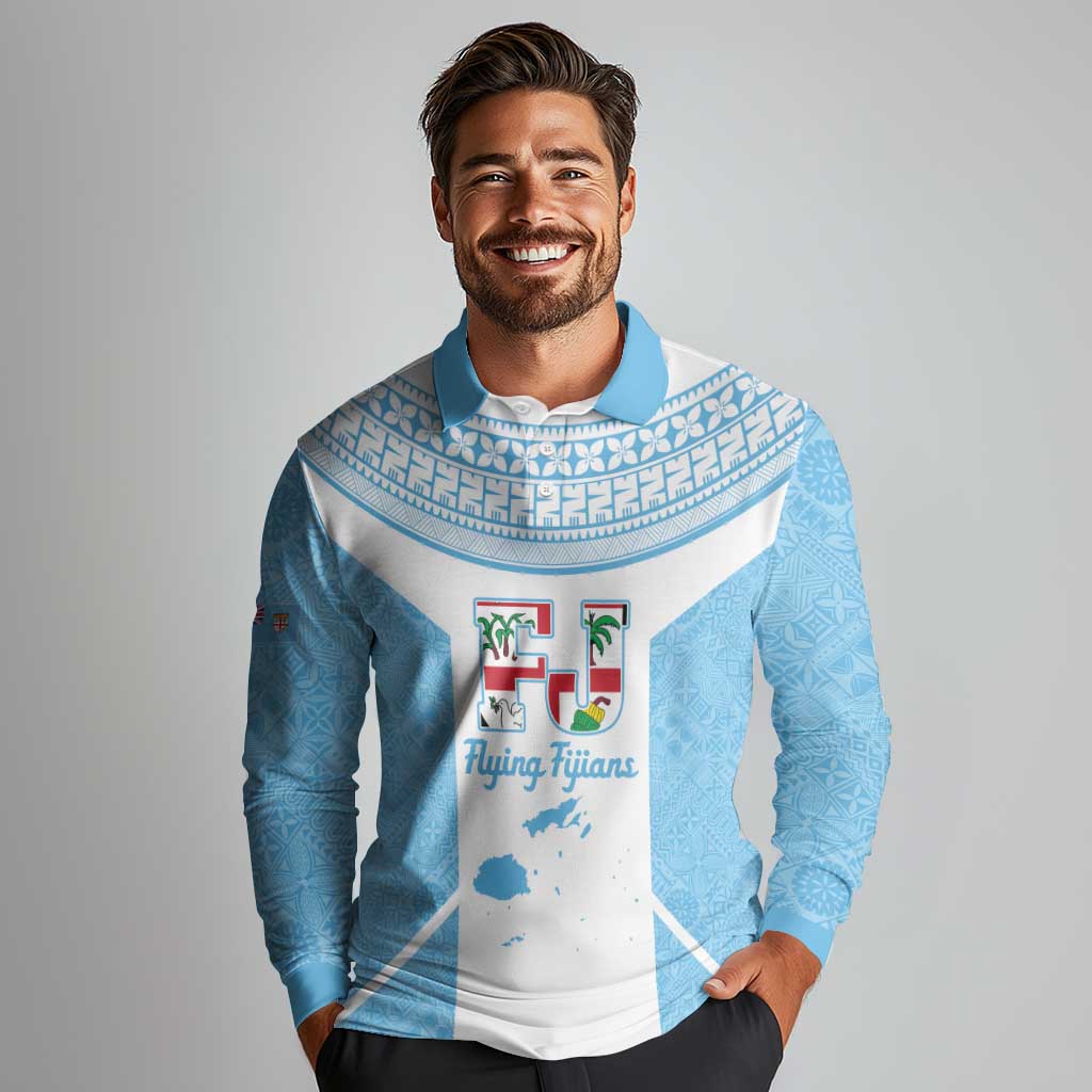 Custom Fiji Tapa Rugby Long Sleeve Polo Shirt Flying Fijian Blue And White Version