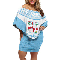 Custom Fiji Tapa Rugby Off Shoulder Short Dress Flying Fijian Blue And White Version