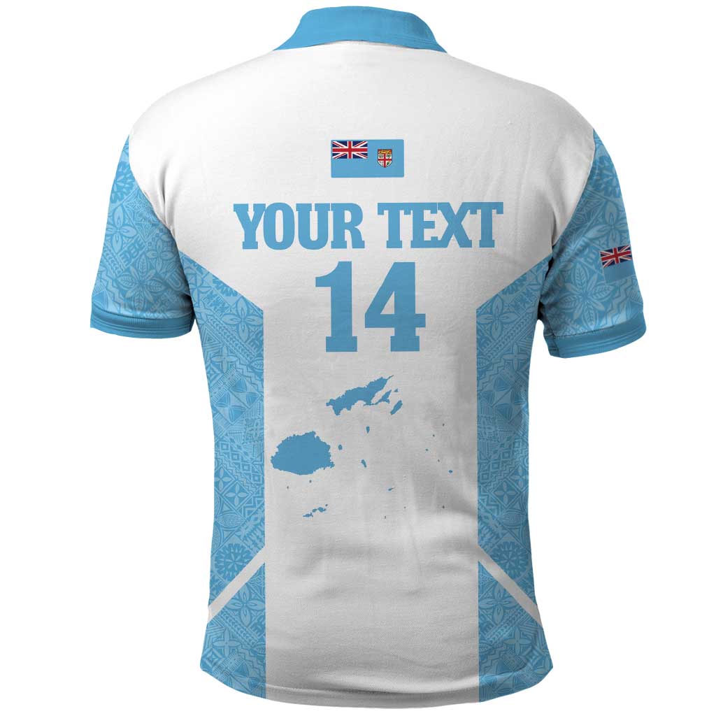 Custom Fiji Tapa Rugby Polo Shirt Flying Fijian Blue And White Version