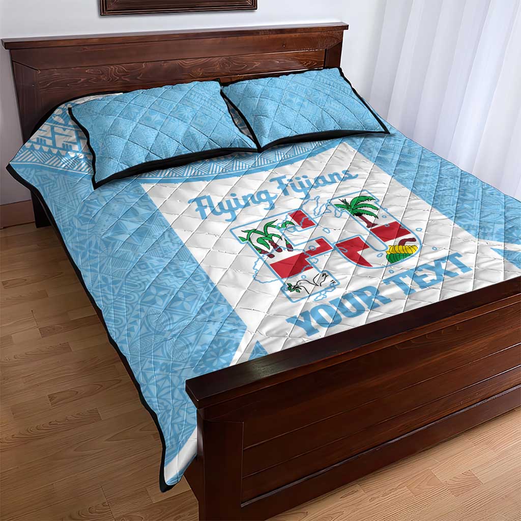 Custom Fiji Tapa Rugby Quilt Bed Set Flying Fijian Blue And White Version