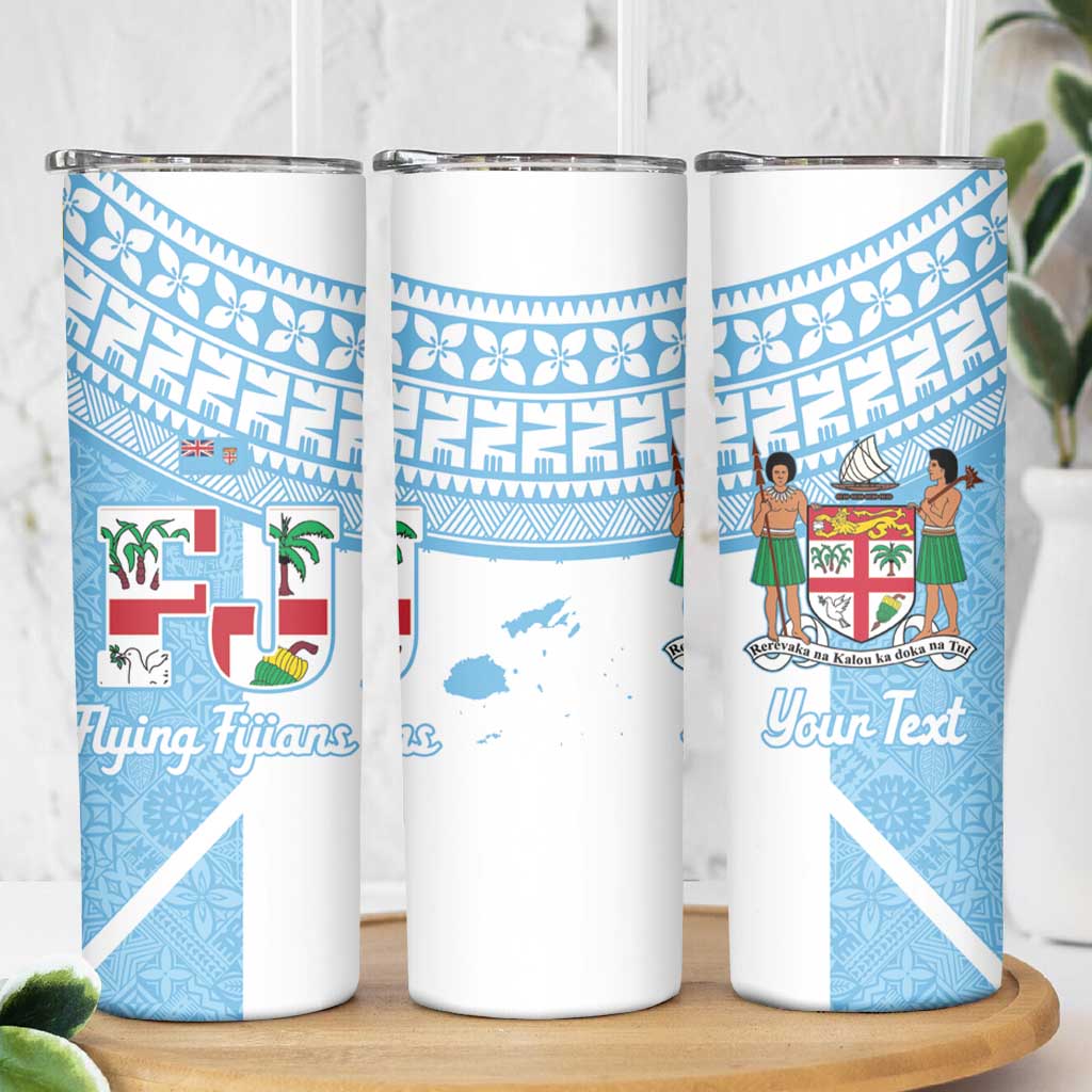 Custom Fiji Tapa Rugby Skinny Tumbler Flying Fijian Blue And White Version