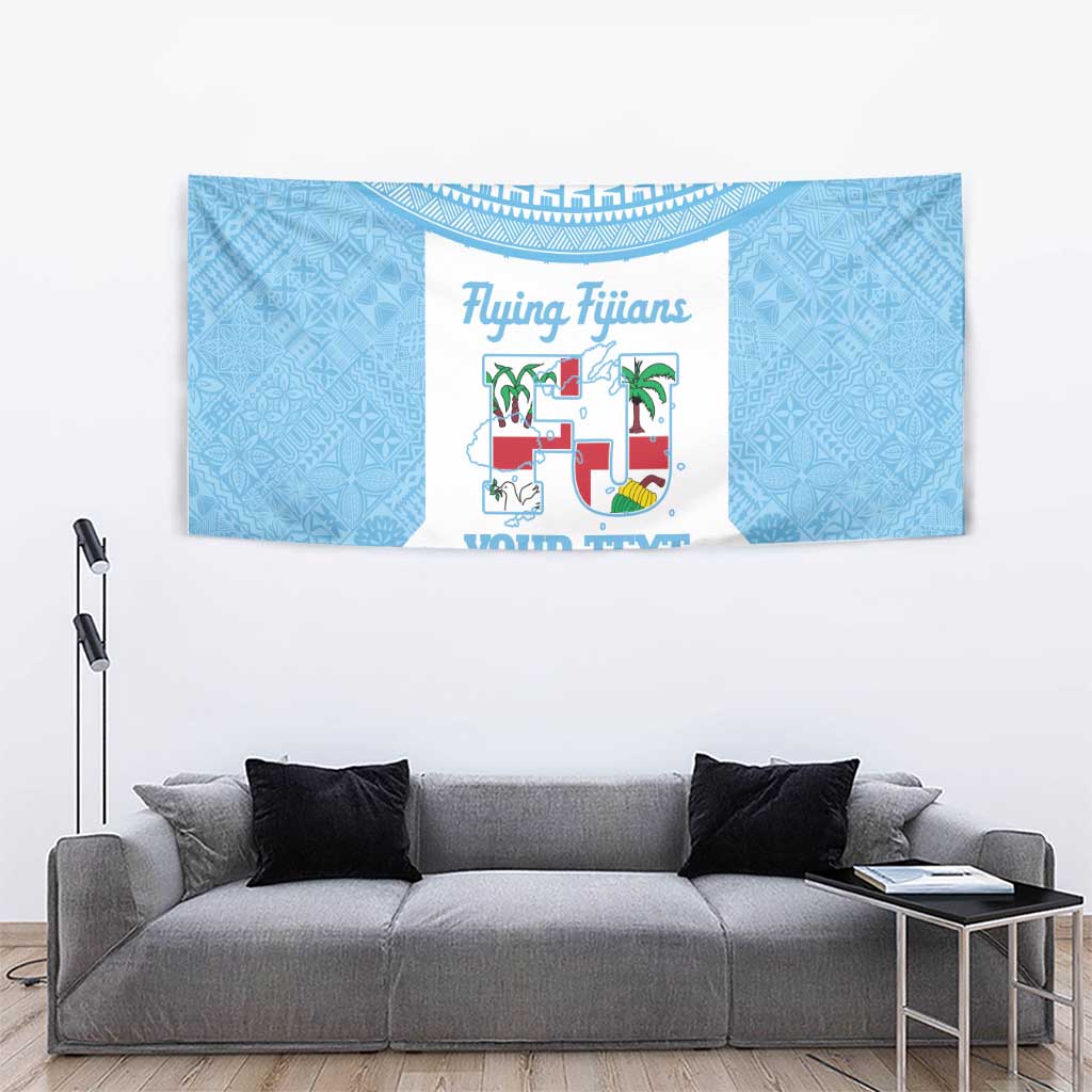 Custom Fiji Tapa Rugby Tapestry Flying Fijian Blue And White Version