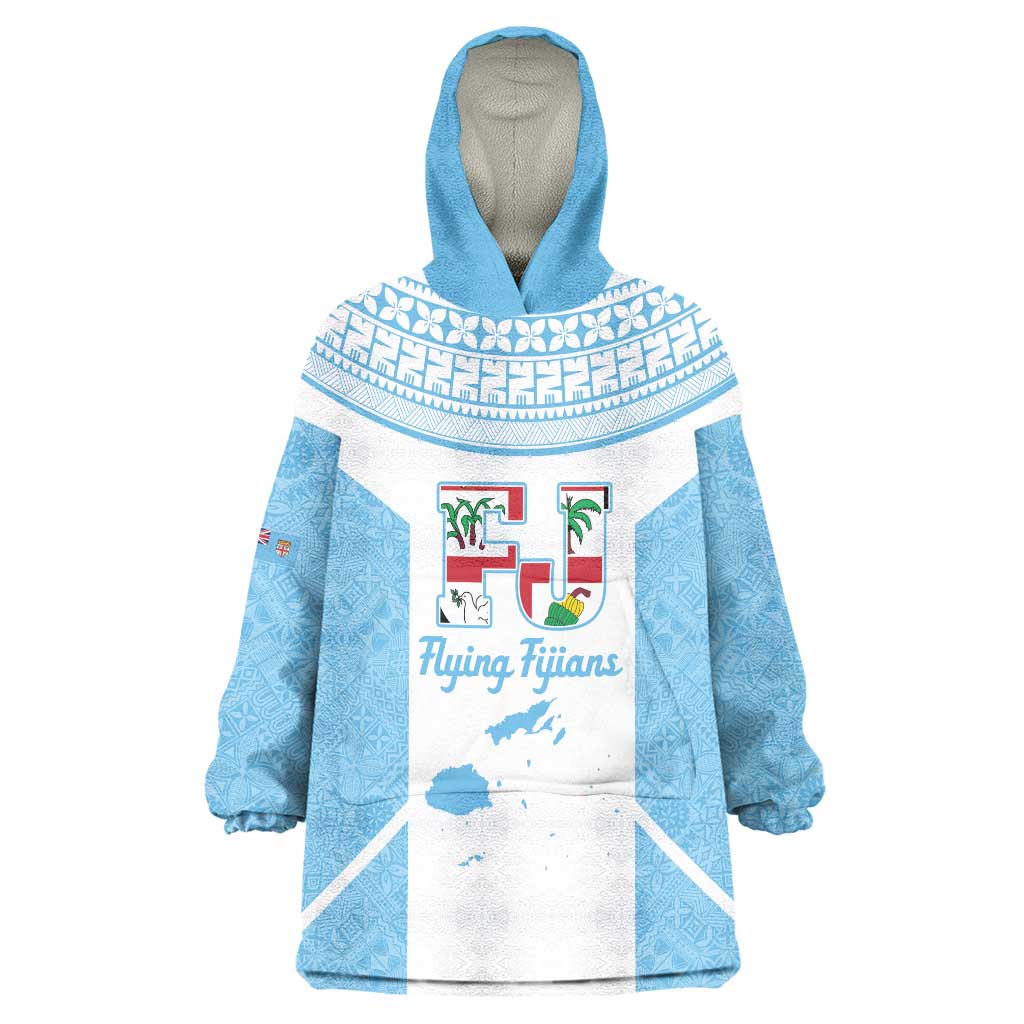 Custom Fiji Tapa Rugby Wearable Blanket Hoodie Flying Fijian Blue And White Version
