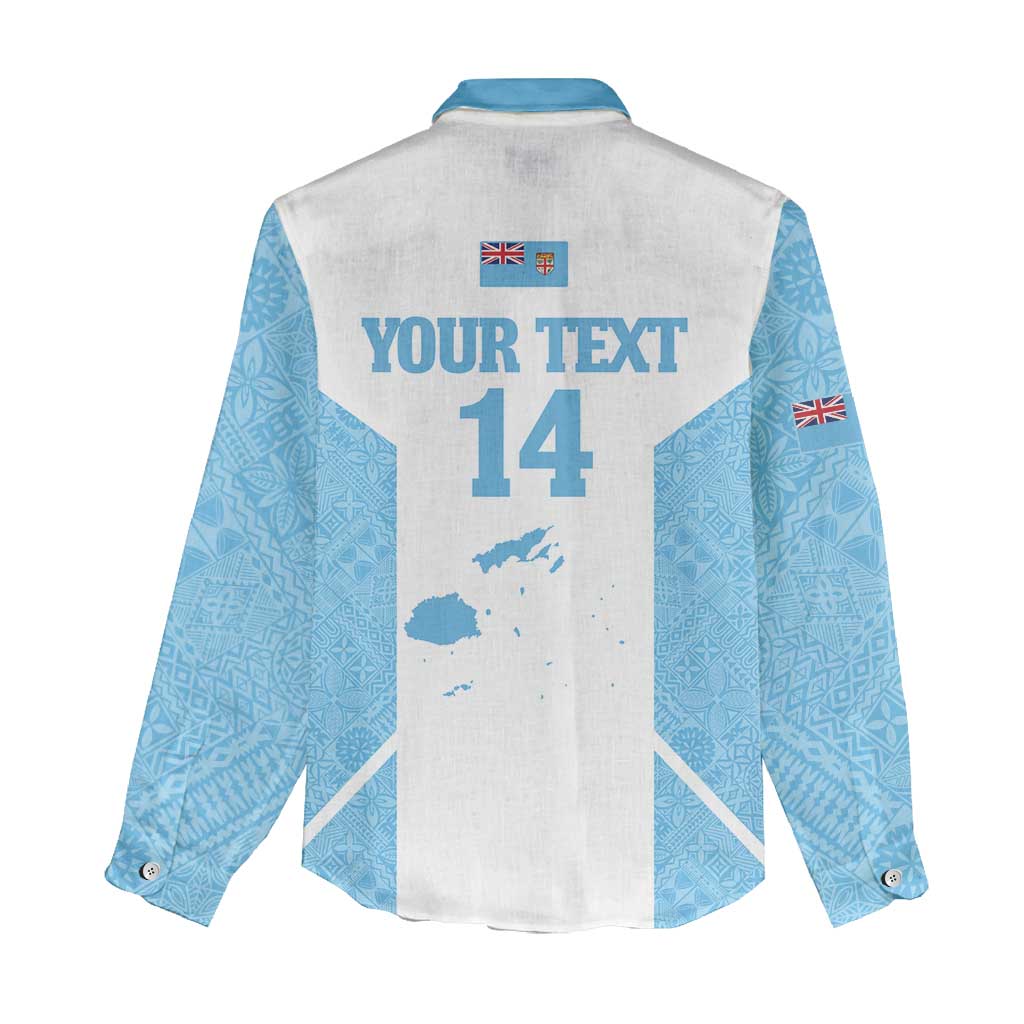 Custom Fiji Tapa Rugby Women Casual Shirt Flying Fijian Blue And White Version